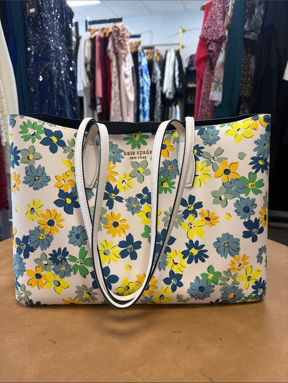 kate spade floral leather tote in white with blue & yellow flowers